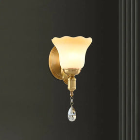Retro Style 1/2-Head Gold Wall Lamp With Crystal Drop - Blossom Opaque Glass Lighting 1 /