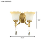 Retro Style 1/2-Head Gold Wall Lamp With Crystal Drop - Blossom Opaque Glass Lighting