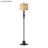 Retro Style 1-Head Resin Reading Floor Lamp - Brown Carved Design With Fabric Shade For Study Room