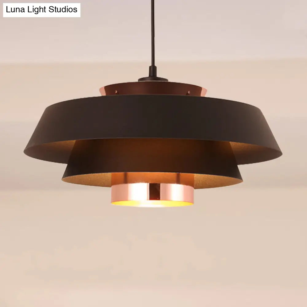 Retro Style 1-Light Metal 3-Tier Black Drum Shade Ceiling Fixture - Ideal For Restaurants