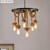 Retro Style 6-Light Wheel Metal Hanging Lamp With Adjustable Rope Brown Finish - Perfect For