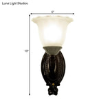 Retro Style Bedroom Wall Mount Lighting - 1/2-Light Sconce With Scalloped Bell Frosted Glass Shade