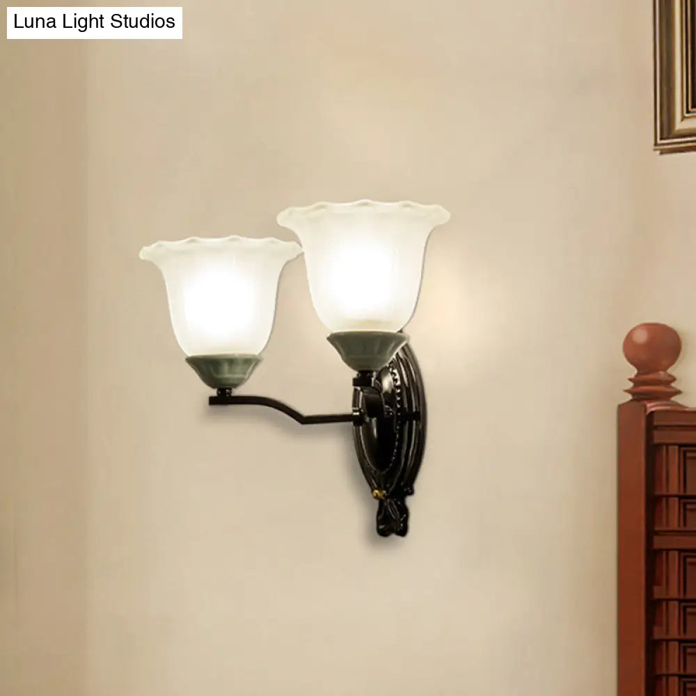 Retro Style Bedroom Wall Mount Lighting - 1/2-Light Sconce With Scalloped Bell Frosted Glass Shade