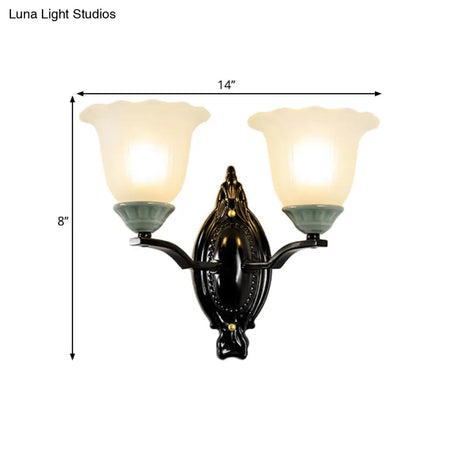 Retro Style Bedroom Wall Mount Lighting - 1/2-Light Sconce With Scalloped Bell Frosted Glass Shade
