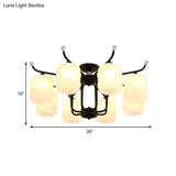 Retro Style Black Glass Chandelier With Cylindrical Cream Shade - 6/8 Heads Suspension Pendant