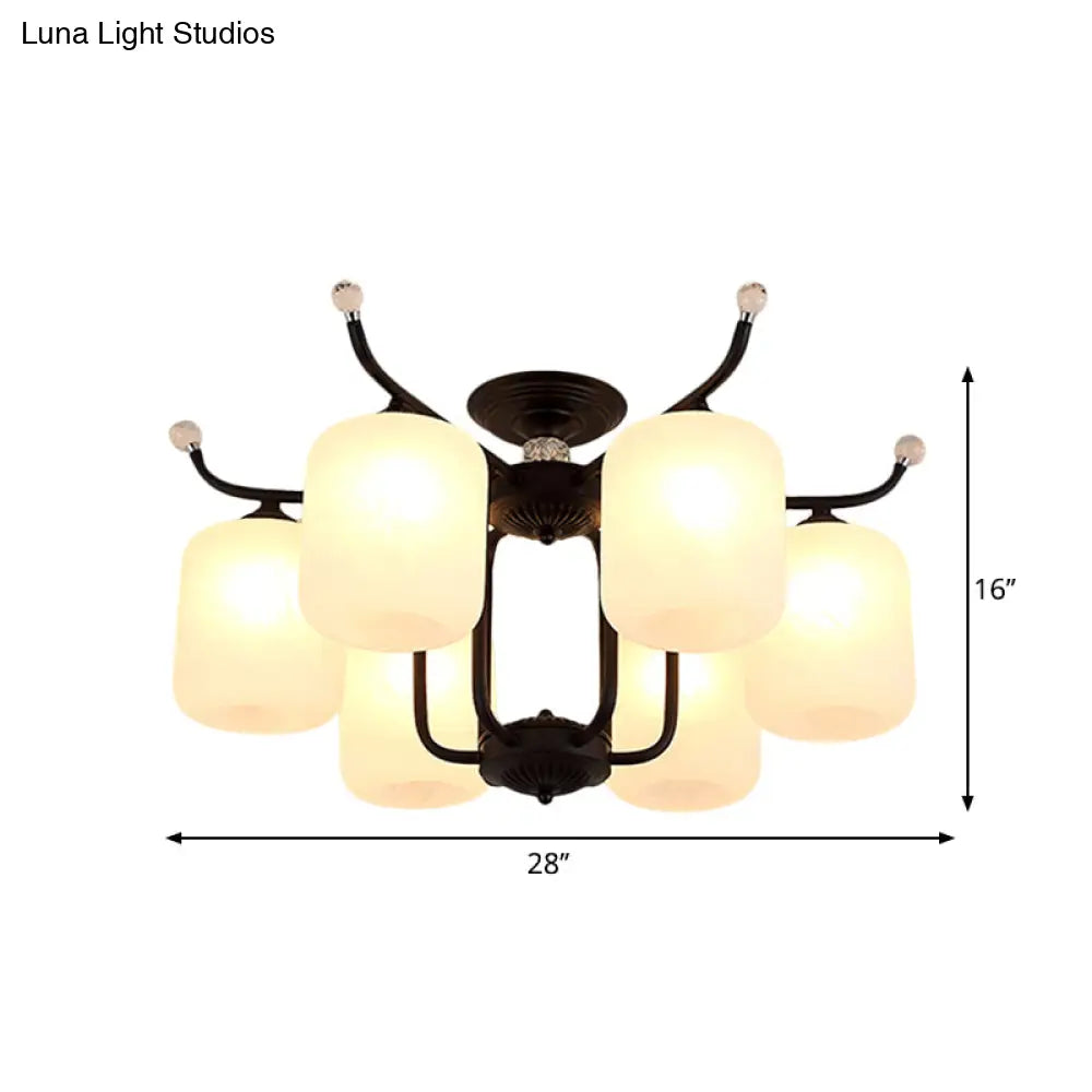 Retro Style Black Glass Chandelier With Cylindrical Cream Shade - 6/8 Heads Suspension Pendant
