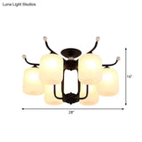 Retro Style Black Glass Chandelier With Cylindrical Cream Shade - 6/8 Heads Suspension Pendant