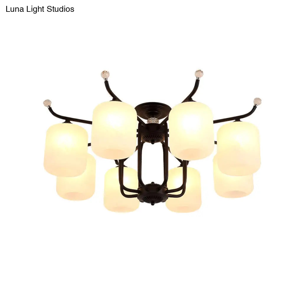 Retro Style Black Glass Chandelier With Cylindrical Cream Shade - 6/8 Heads Suspension Pendant