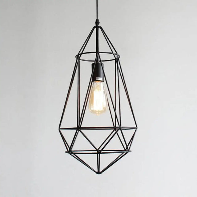 Retro Style Black Iron Gemstone Frame Pendant Ceiling Light For Restaurants - 1 Head Suspension