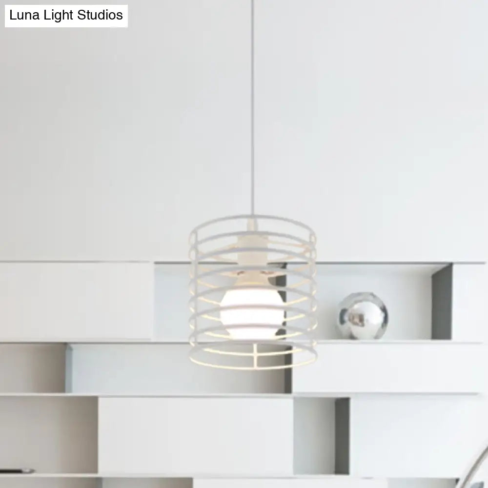 Retro Style Black/White Cylinder Cage Pendant Ceiling Lamp - Adjustable Height Indoor Metal Hanging