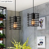 Retro Style Black/White Cylinder Cage Pendant Ceiling Lamp - Adjustable Height Indoor Metal Hanging