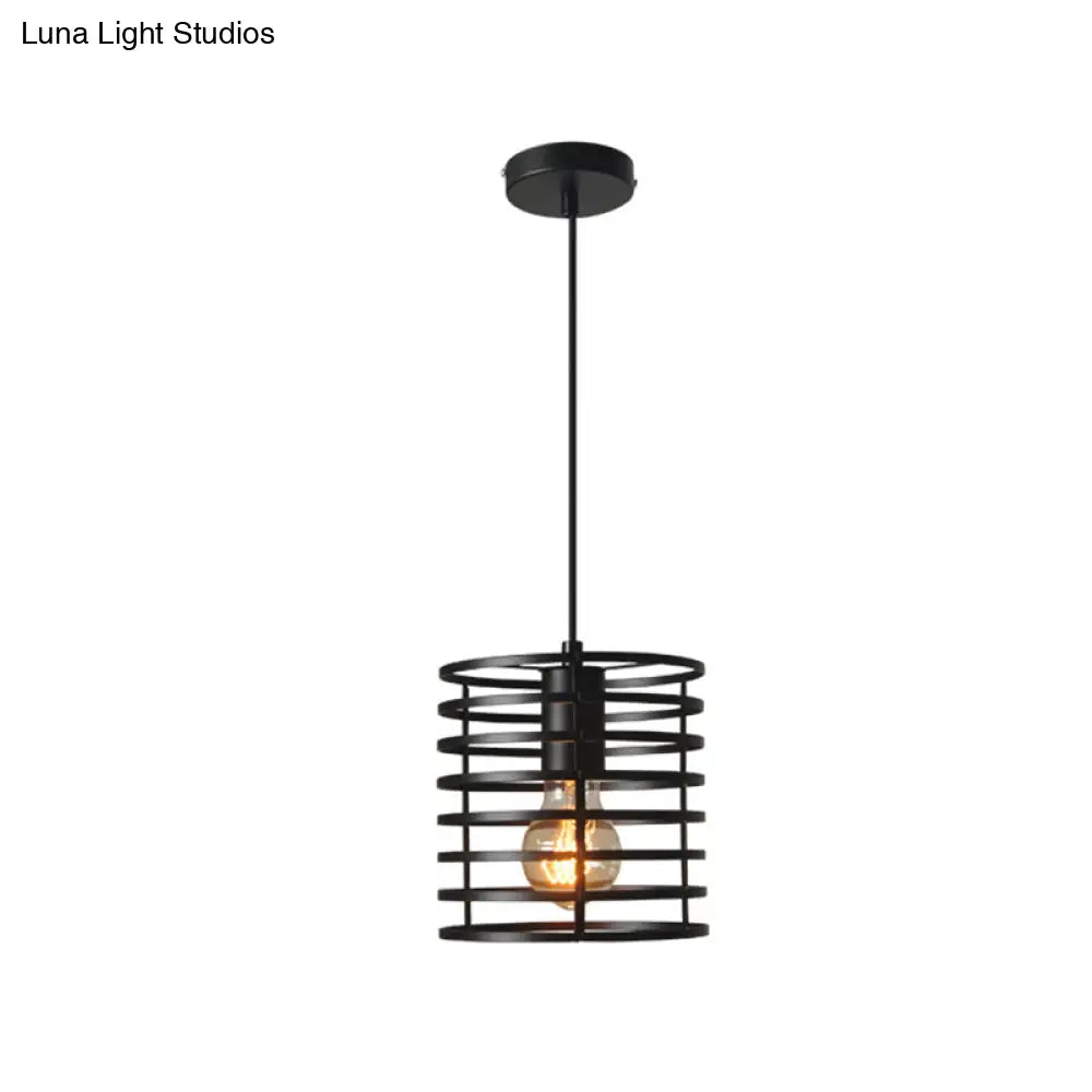 Retro Style Black/White Cylinder Cage Pendant Ceiling Lamp - Adjustable Height Indoor Metal Hanging