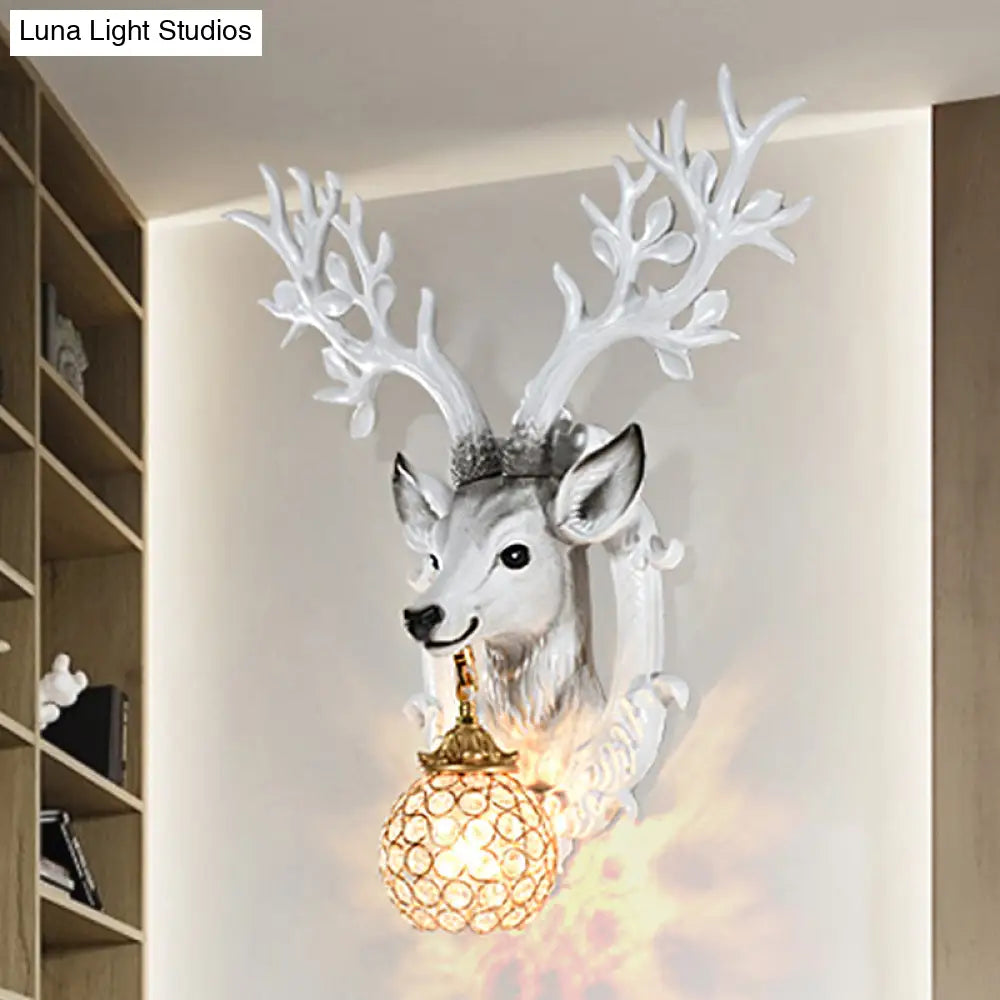 Retro-Style Deer Head Wall Sconce: Resin 1-Light White Lamp With Crystal Shade
