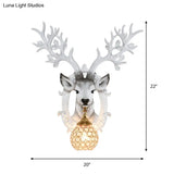 Retro-Style Deer Head Wall Sconce: Resin 1-Light White Lamp With Crystal Shade
