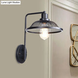 Retro Style Flared Restaurant Sconce: Mesh Shade Wrought Iron Wall Lamp (1 Bulb) In Black/Rust