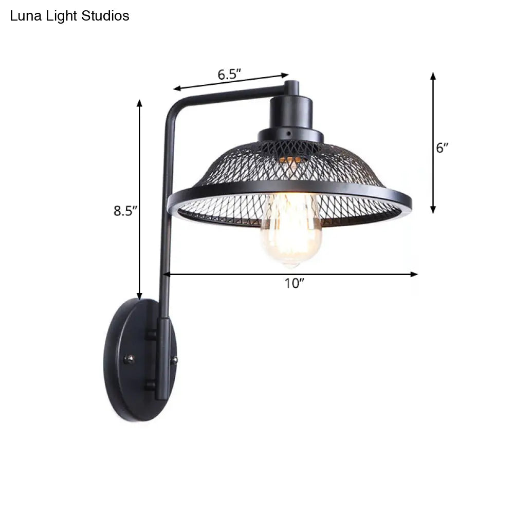 Retro Style Flared Restaurant Sconce: Mesh Shade Wrought Iron Wall Lamp (1 Bulb) In Black/Rust