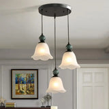 Retro Style Floral Shade Pendant Light Set - 3 Bulbs Ribbed Ruffled Glass Black / Round
