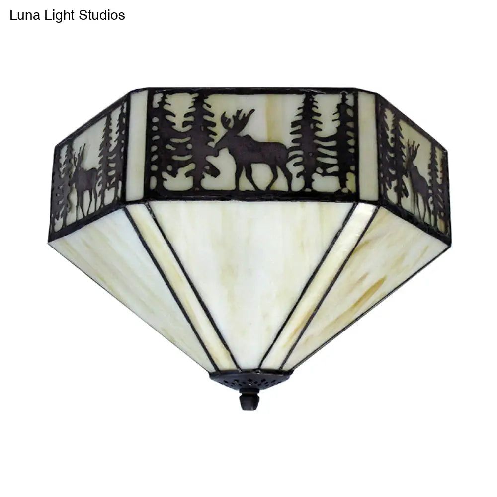 Retro Style Geometric Stained Glass Flush Mount Ceiling Light In White - Elegant 1/2 Flushmount