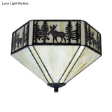 Retro Style Geometric Stained Glass Flush Mount Ceiling Light In White - Elegant 1/2 Flushmount