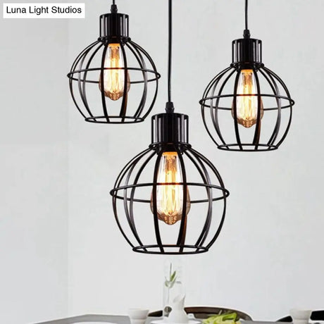 Retro Style Global Cage Pendant Lamp - Metallic Ceiling Fixture For Restaurant In Black