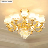 Retro Style Gold Chandelier With Cream Glass & Layered Crystal Accents - Bud Suspension Light