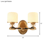 Retro Style Gold Cylinder Wall Sconce Light With Ribbed Glass - 1/2 Bulbs Bedside Lighting