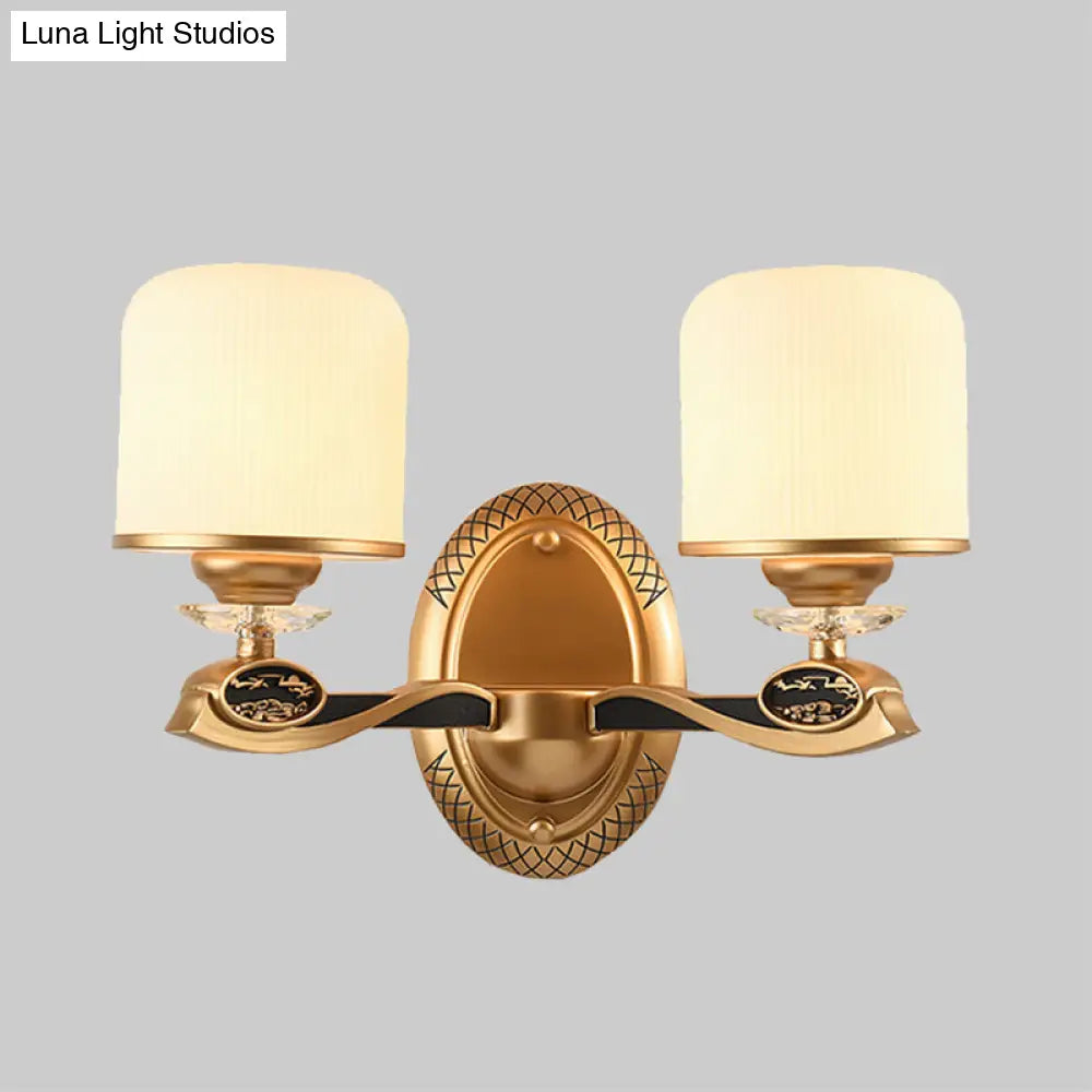 Retro Style Gold Cylinder Wall Sconce Light With Ribbed Glass - 1/2 Bulbs Bedside Lighting