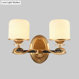 Retro Style Gold Cylinder Wall Sconce Light With Ribbed Glass - 1/2 Bulbs Bedside Lighting