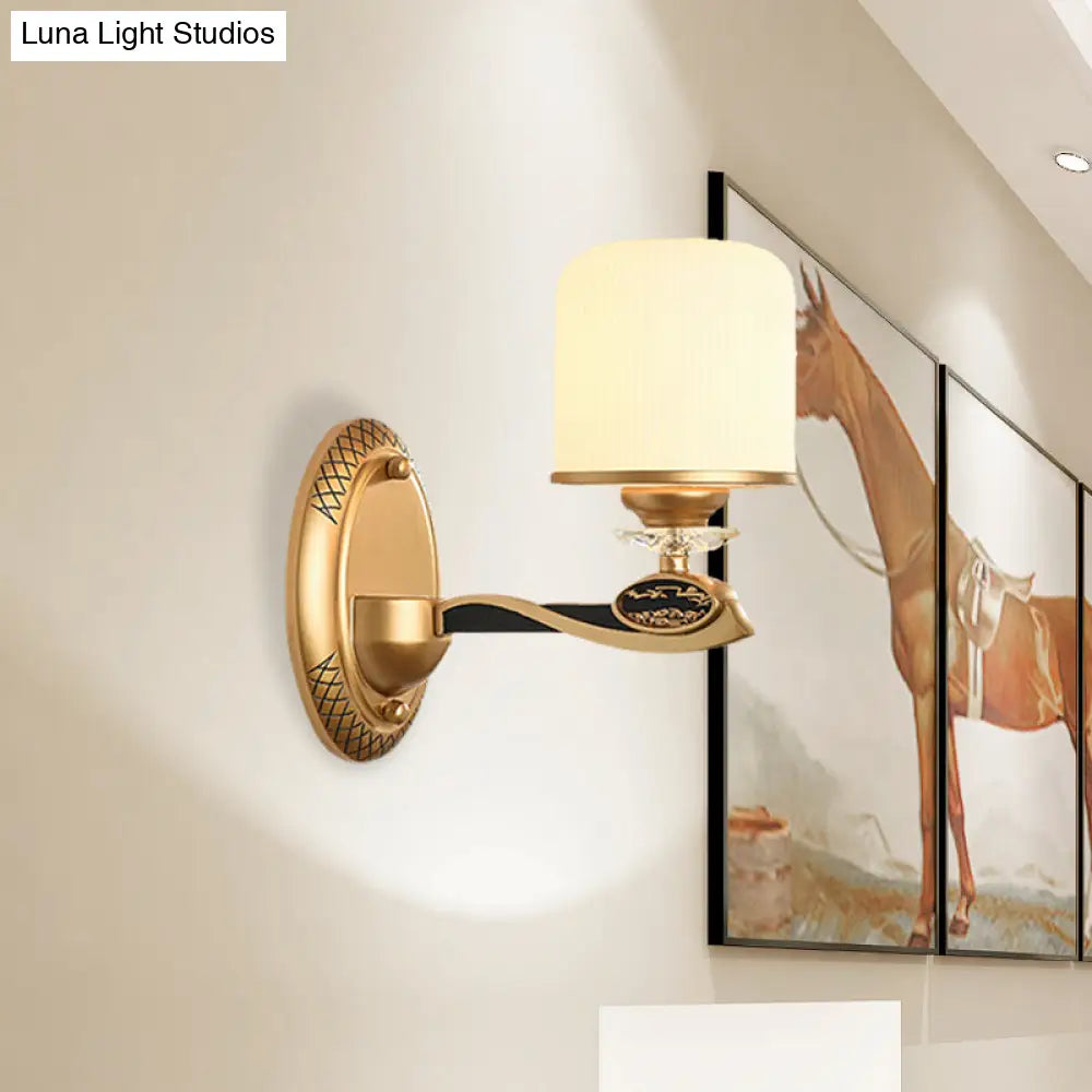 Retro Style Gold Cylinder Wall Sconce Light With Ribbed Glass - 1/2 Bulbs Bedside Lighting