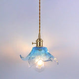 Retro Style Hanging Light With Floral Textured Glass Pendant - Perfect For Dining Room Blue / D