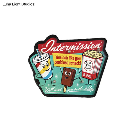 Retro Style Iron Green Led Wall Mounted Lamp - Ice Cream & Popcorn Sign Night Light For Shop