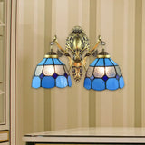Retro-Style Multicolored Stained Glass Wall Lamp With Scalloped Shade - 2 Headed Fixture For Dining