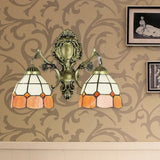 Retro-Style Multicolored Stained Glass Wall Lamp With Scalloped Shade - 2 Headed Fixture For Dining