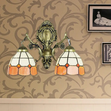Retro-Style Multicolored Stained Glass Wall Lamp With Scalloped Shade - 2 Headed Fixture For Dining