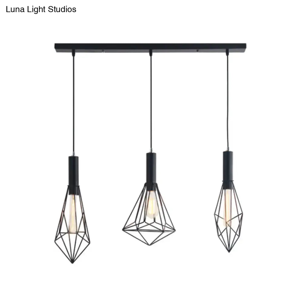 Retro Style Polygon Ceiling Light With Cage Shade - 3 Lights Black Metallic