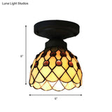 Retro Style Purple/Beige Glass Ceiling Light Fixture With Jewel Pattern - Cup Shade Semi Flush Mount
