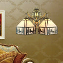 Retro Style Small House Wall Sconce With Stained Glass 2 Heads Deer And Tree Pattern Beige