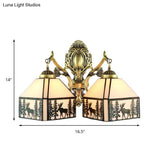 Retro Style Small House Wall Sconce With Stained Glass 2 Heads Deer And Tree Pattern