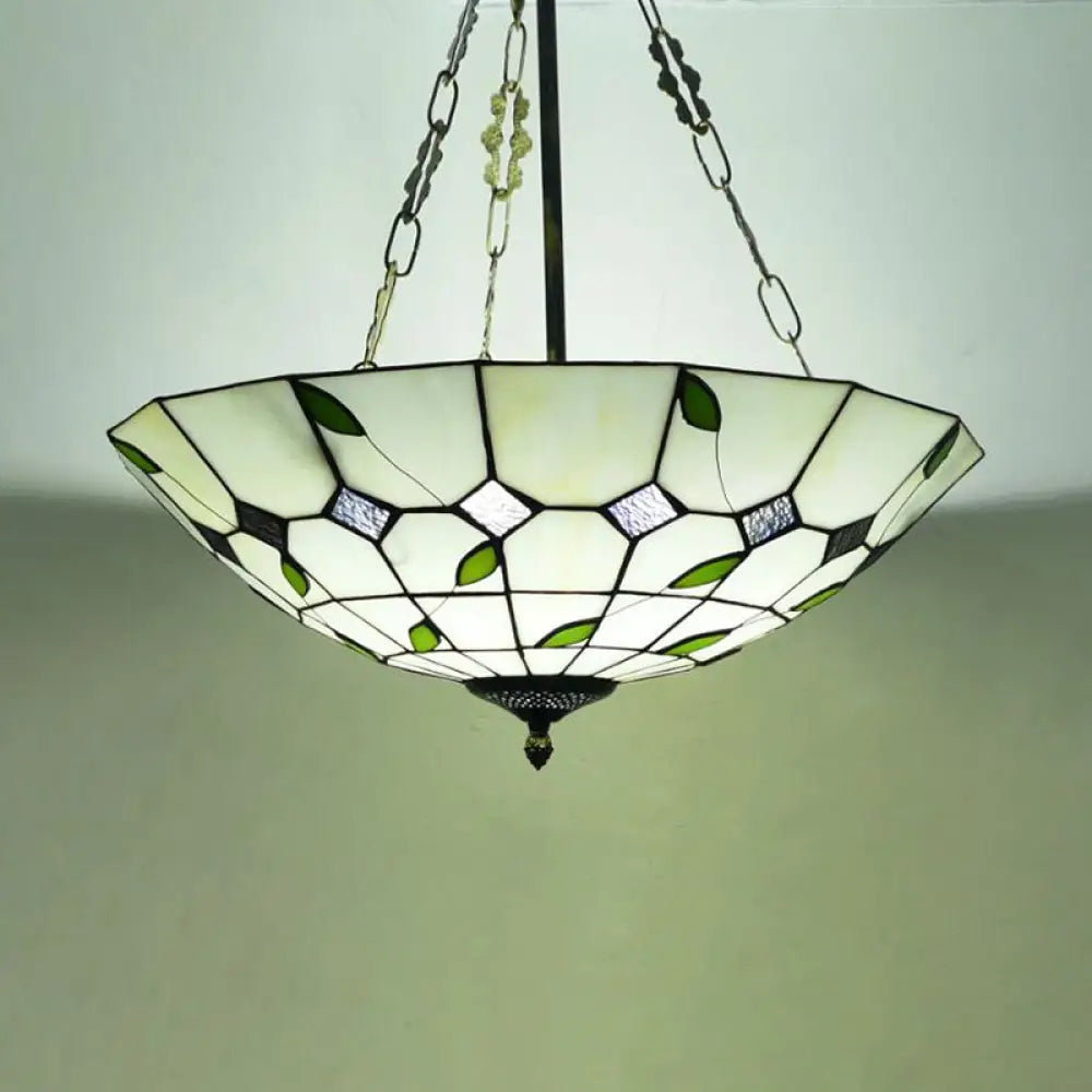Retro Style Stained Glass Chandelier - 12’/16’/19.5’ W Bowl Shade Ceiling Pendant With Leaf