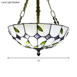 Retro Style Stained Glass Chandelier - 12’/16’/19.5’ W Bowl Shade Ceiling Pendant With Leaf