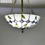 Retro Style Stained Glass Chandelier - 12’/16’/19.5’ W Bowl Shade Ceiling Pendant With Leaf