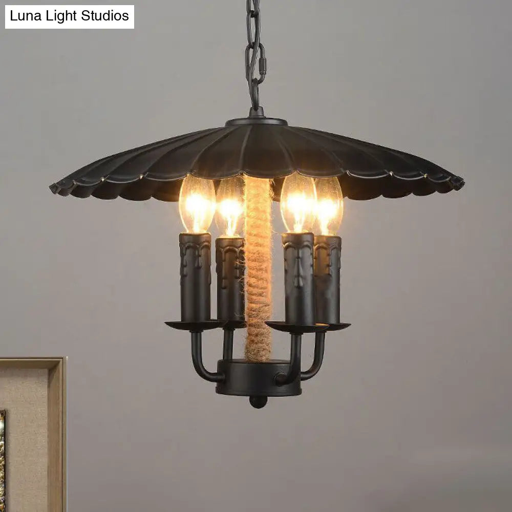 Retro Style Wavy Pendant Light With 4 Metal Candle Bulbs In Black - Ideal For Dining Room
