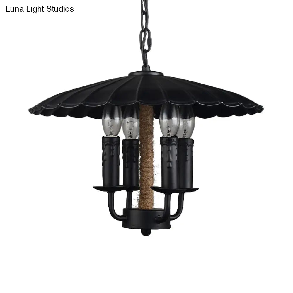 Retro Style Wavy Pendant Light With 4 Metal Candle Bulbs In Black - Ideal For Dining Room