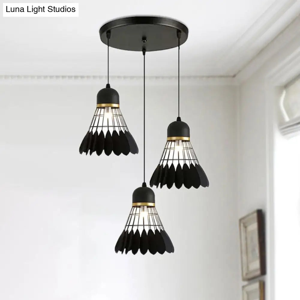 Retro Stylish Black Finish Metal Pendant Lighting With 3 Light Fixtures For Badminton Theme