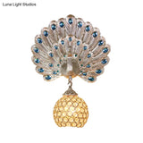 Retro Stylish Wall Sconce With Clear Crystal And Peacock Backplate In Silver/White