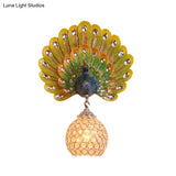 Retro Stylish Wall Sconce With Clear Crystal And Peacock Backplate In Silver/White