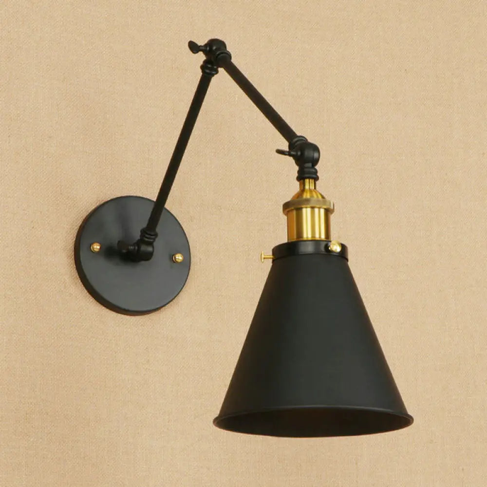 Retro Swing Arm Wall Light With Conic Shade - Indoor Black Metal Mount 1 / 6+6