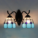 Retro Tiffany Stained Glass Wall Lamp - 2-Head Bedroom Mount Light In Blue/Orange