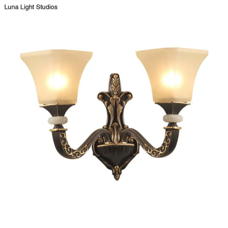 Retro Wall Mounted Light Fixture With Black 1/2-Bulb Milky Glass Flared Shade