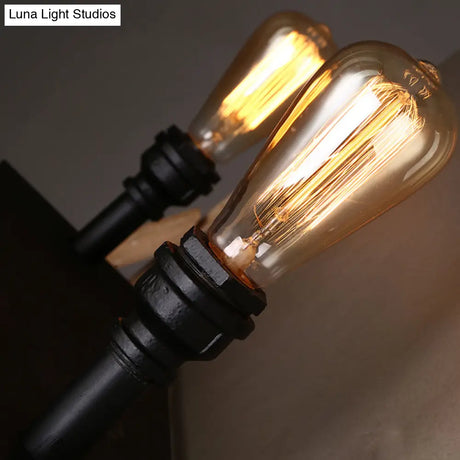 Retro Water Pipe Wall Light With 2 Heads And Iron Shelf Black Finish - Ideal For Living Rooms